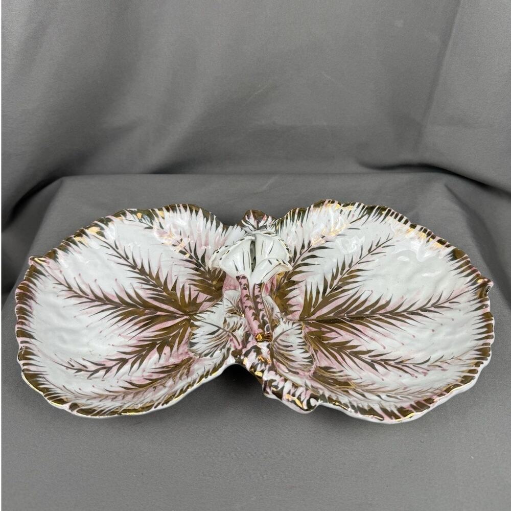 E & R Golden Crown Italy Pink Gold Leaf Platter Trinket Dish Ceramic Pottery Vtg